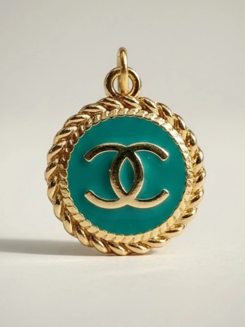 Authentic CHANEL Gold Turquoise Enamel Logo Necklace Pendant - Picture 4 of 11